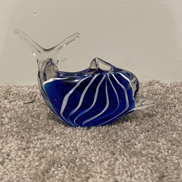 Glass Dolphin Cobalt Blue White Stripes Nautical Collectible Paper Weight Decor - Picture 1 of 6